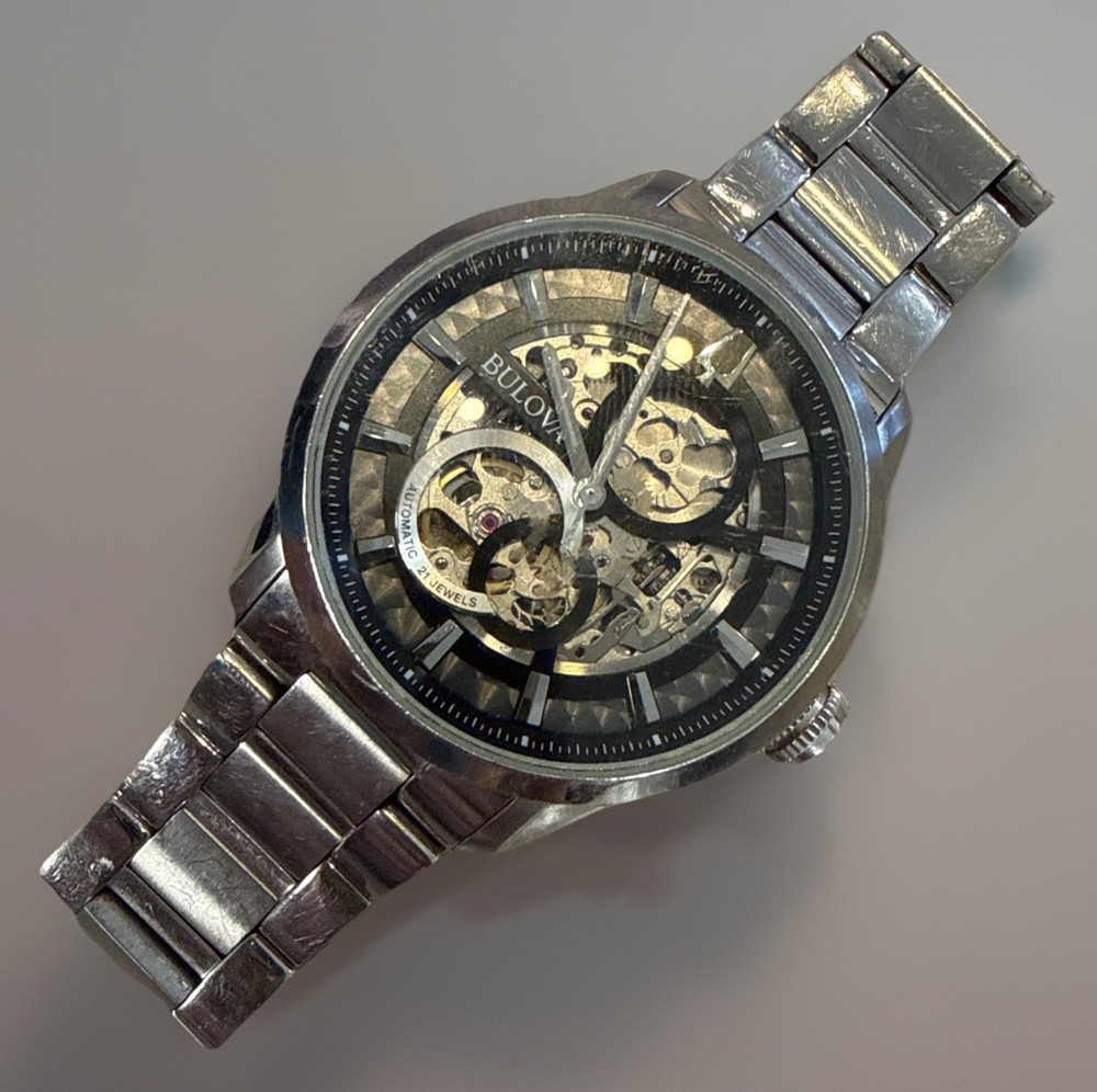 Bulova Sutton Automatic Skeleton Dial Stainless Steel Men’s Watch 96A208 Working