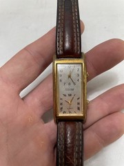 Vintage Teslar Dual Time Quartz Wristwatch Women Brown Leather Strap Analog Dial