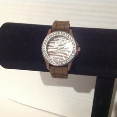 Geneva Clear Rhinestones Brown Silicone Band Zebra Pattern Watch Needs Battery