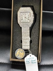 AJ Quality Watches Women’s 36mm Iced Out Silver Tone Square Date Quartz Watch…