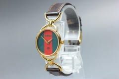 GUCCI 6000L Green Red Sherry Line Horsebit Gold GP Quartz 23mm Ladies Watch