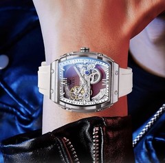 OLEVS Watch for Men Skeleton Automatic Tonneau Silicone Strap Business Luxury