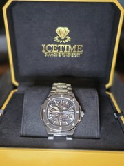 ICETIME Silver Diamond Skeleton Automatic Men’s Metal Wristwatch w/ Box