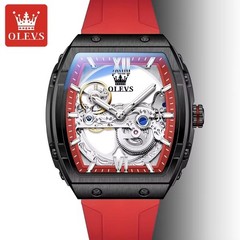 OLEVS Watch for Men Skeleton Automatic Tonneau Silicone Strap Business Luxury