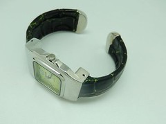 Watch Womans Cuff- green square face–dark green faux leather band-matching bag