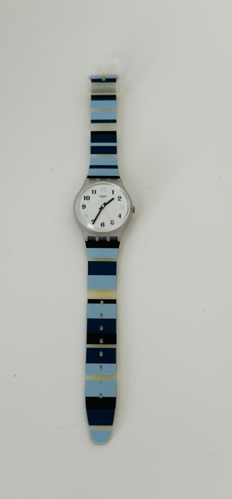 Swatch Swiss Originals NIGHT SKY Semi-Transparent Blue Stripes Watch 34mm GE275