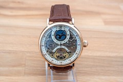 Mens Dual Time Flywheel Automatic Mechanical Watch Rose Gold White Dial Brown