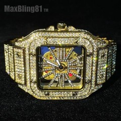 MEN’S FULLY ICED BAND LUXURY WATCH SKELECTON DIAL SIMULATED DIAMOND SQUARE BLING