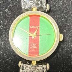 Gucci Quartz Unisex Wristwatch Green Red Dial Black Leather Strap Gold Case