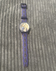 Swatch Quartz Analog 34mm Blue Plastic Watch Animal Print Dog Dial Water-Res