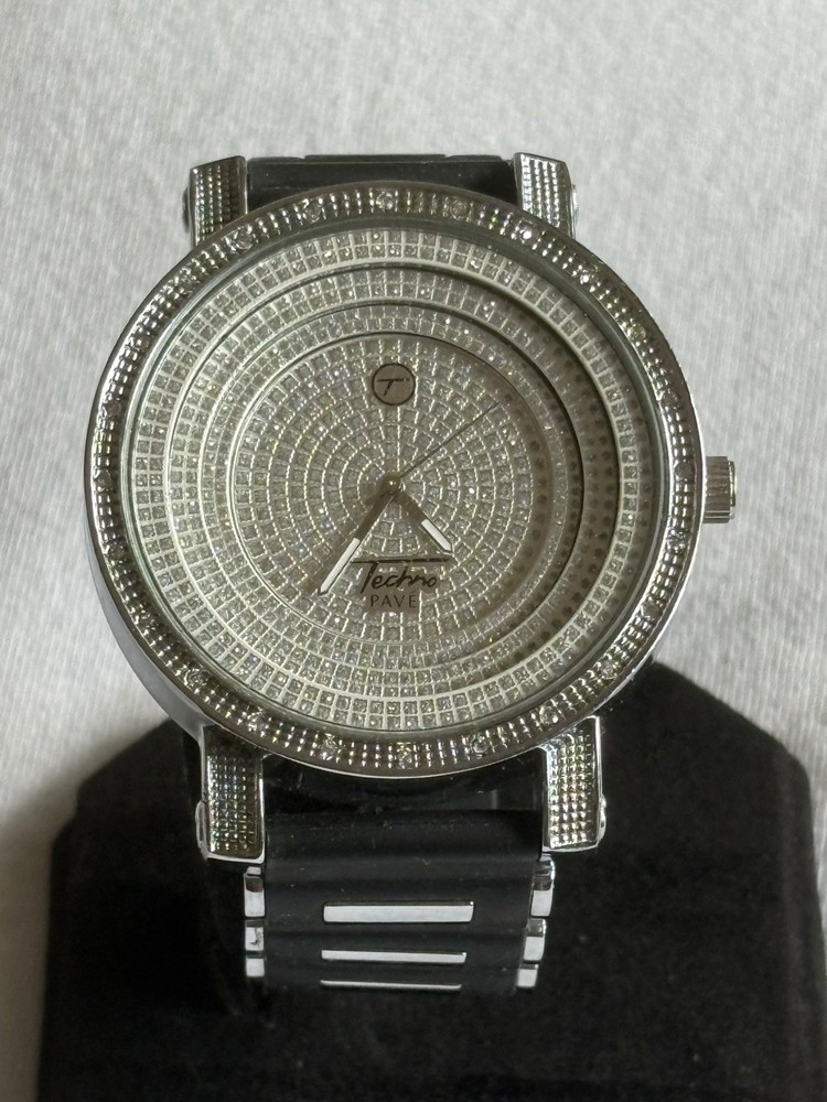 Techno Pave Mens Diamond ICED OUT Watch 7195 Silvertone Hip-hop #124