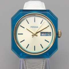 Fossil Candy Watch Unisex 35mm Blue Octagon White Leather Day Date New Battery