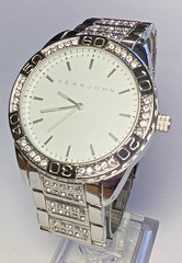 Sean John Mens Watch Silver Link Bracelet 48mm Gemmed Bezel & Band New Battery