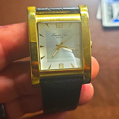 Kenneth Cole New York Men’s Rectangle Gold Case Quartz Watch Black Leather