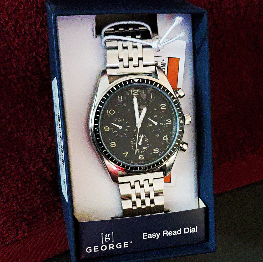 George Men’s Quartz Analog Watch Black Dial Arabic Numerals Silver Bracelet Box
