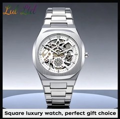 Lul Lid ROX Men’s Tonneau Skeleton Dial Mechanical Watch 50mm Metal Bracelet