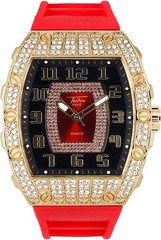 Men Ice Watch Bling Rapper Simulate Lab Diamond Rubber Luxury Rectangle Gold RED
