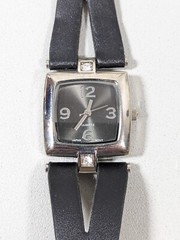 Womens Black Cut Out Faux Leather Band Square Crystal Accent Watch