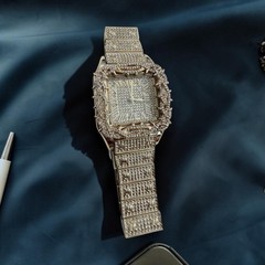 Silver Tone Iced-Out Square Analog Wristwatch, Arabic Numerals, Metal Bracelet