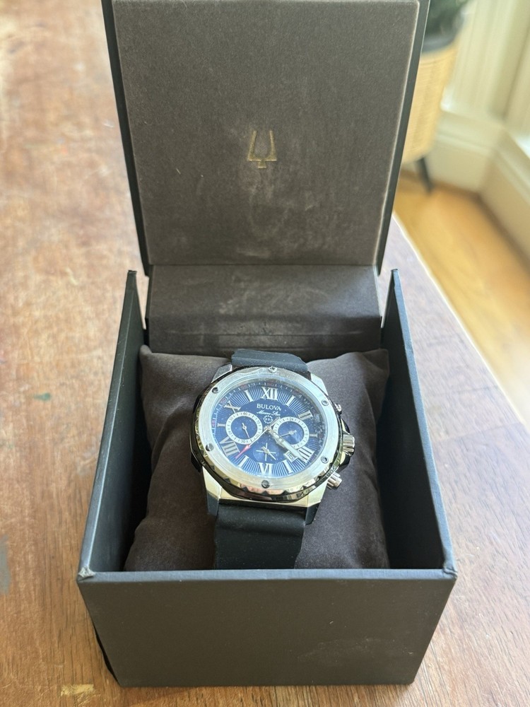 Men’s Bulova Marine Star 98B258 Blue Dial Silicone Strap Chrono Quartz Watch
