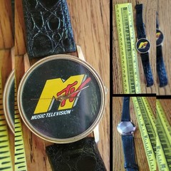 Vntg 90s MTV Watch Logo Yellow Red Reptile Pattern Black Leather Band Gold Case