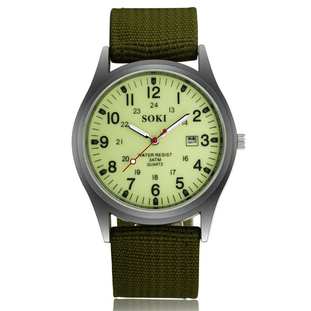 2xbule green Military Luminous 24 Hours Dial Nylon Strap Date Quartz Wrist Watch