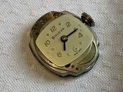 Vtg Bulova Wristwatch Swiss Made 6″ Band Clear Stones Fold Over Clasp *RUNS*
