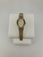 Vtg Deauville Ladies 16mm Watch Gold Tone Dark Green Ruby & Diamond Bezel – RUNS