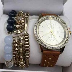 Jessica Carlyle Gold-Tone Brown Studded Strap Analog Watch & Bracelets New