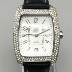 Nolan Miller Womens Watch 32mm Silver Tone Crystal Bezel Black Leather Band