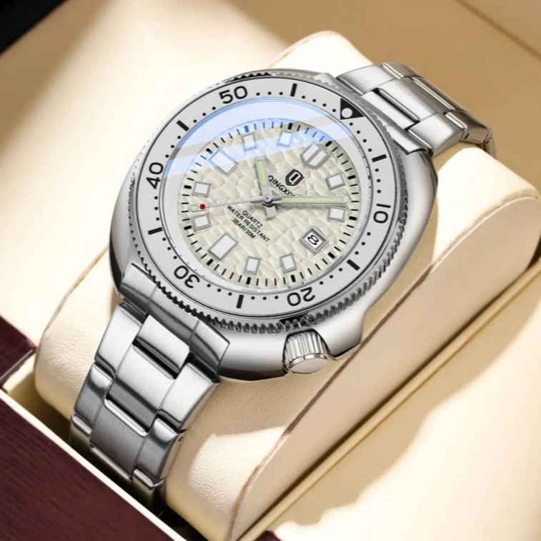44MM QINGXIYA Tuna Quartz Mens Watch Stainless Steel 30M Waterproof Luminous NEW