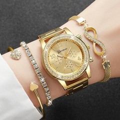 4PCS/Set Fashion Rhinestone Women Watches Luxury Steel Band Ladies Quartz Watch
