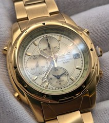 1991 Seiko Chronograph Alarm Gold Tone Mens Quartz Watch 7T32-6M59 – New Battery