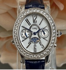 Women’s DMQ Silver Tone CZ Accent Luxury Moon Phase Oval Watch, Leather, 11535