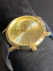 Folio Gold Tone Faux Leather Band Gemmed Men’s Watch New Battery