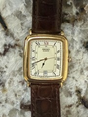 Vintage Seiko Tank Watch 5Y32-5B09 Gold Tone Roman Dial Quartz Men Leather Strap