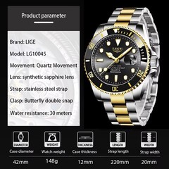 42MM LIGE Quartz Men’s Luxury Watch Dive 30M Waterproof Luminous Stainless NEW