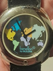 Bulova Benetton World Map Dial Quartz Analog Wristwatch Black Leather Strap