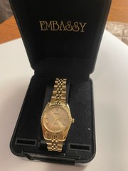 Embassy Gold-Tone Diamond Accent Quartz Watch w/ Deployment Buckle Close New/Box