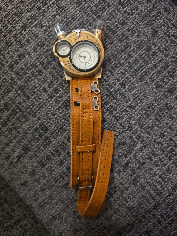 Steampunk Tesla Analog Watch With Metal Findings And Leather Strap