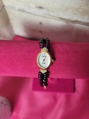 Vintage Lucoral Diamond Gem Stone Gold Tone Ladies Watch Black Beaded Bracelet
