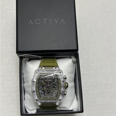 Activa Men’s Quartz 44mm Tonneau Clear Case Chronograph Green Rubber Strap 44.3m