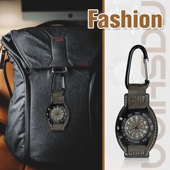 2 in 1 Mens 24-Hour Dial Quartz Analog Carabiner Clip on Watch with Canvas Strap