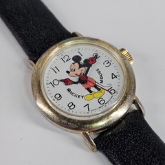 Vintage Bradley Mickey Mouse Watch Manual Wind Gold Tone Black Strap 112S Mens