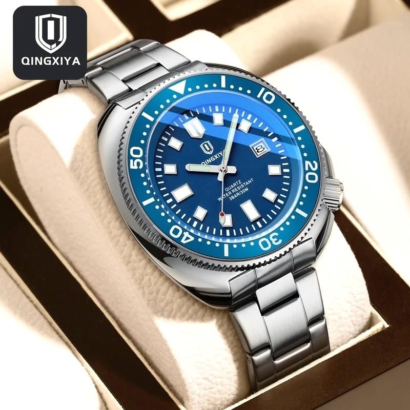 44MM QINGXIYA Tuna Quartz Mens Watch Stainless Steel 30M Waterproof Luminous NEW