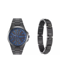 American Exchange Men’s Quartz Shiny Gunmetal Bracelet Analog Watch 43 Set NEW