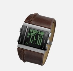 Diesel DZ7144 Brushed Stainless Steel Case Digital Watch w/ Wide Leather Band