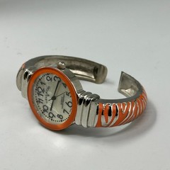 Vellacio Watch Women Silver Tone Orange Zebra Striped Cuff Band New Battery