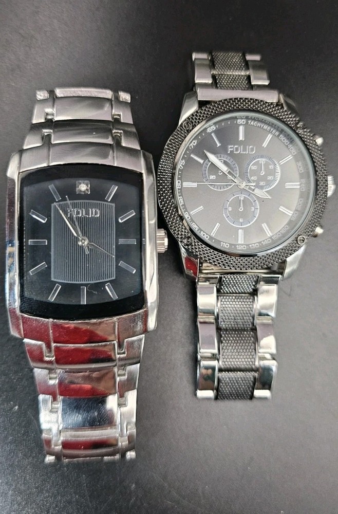 Lot Of 2 Watches Men’s Folio Stainless Steel – Both Working – 7.5″ Band