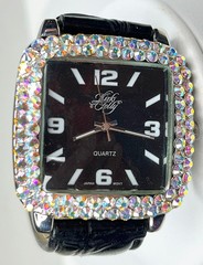 KIRKS FOLLY PINK CRYSTAL SQUARE WATCH w Leather Strap